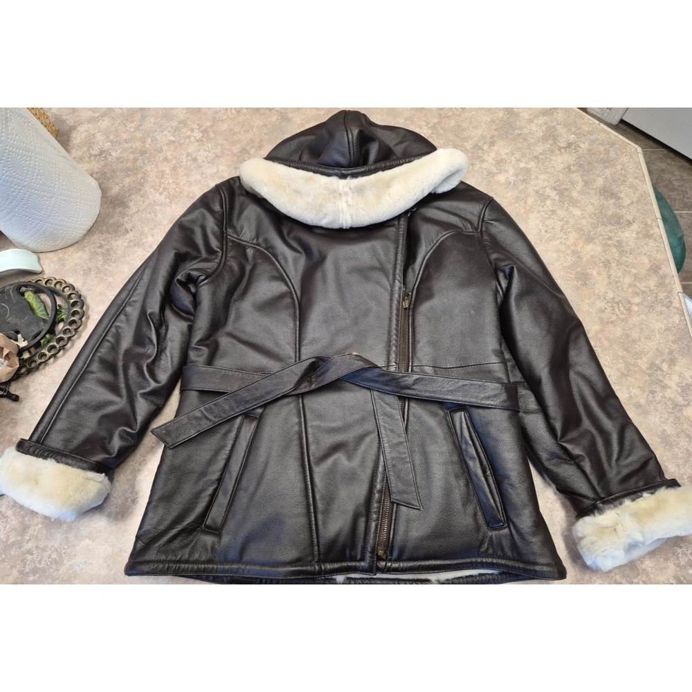 Wilsons Leather Faux Fur Hooded Belted Black Leather Coat Women's Large L
